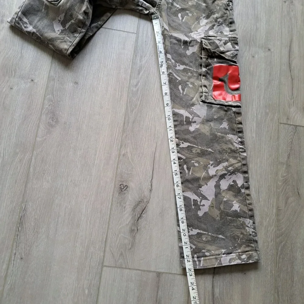 True Religion Boys Camo Cargo Pants in Tan and White with Orange Patch